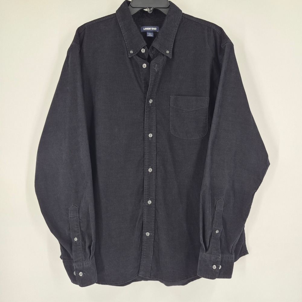 Lands End Mens XL Black Corduroy Button Down Shirt Long Sleeve Cotton Blend